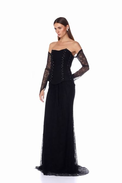 Siyah Peplum Detaylı  Dantelli Abiye  Elbise